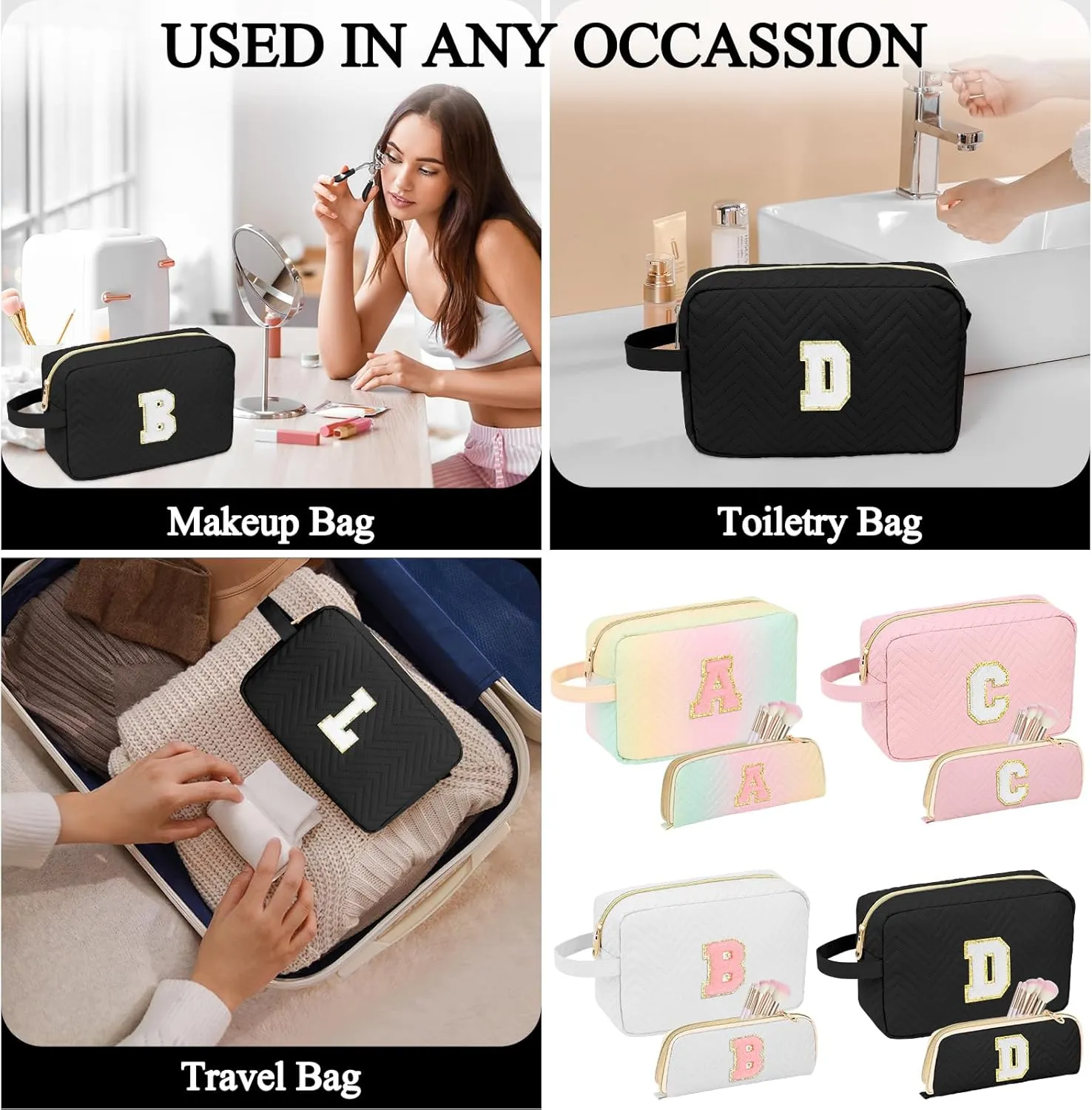 Personalized Initial Makeup Bag Trendy Stuff Leather Waterproof Cosmetic Bag Travel Toiletry Bag, Mother's Day/Birthday/Graduation Gifts Makeup Organizer Case for Women Girls Mom Girlfriend Wife.