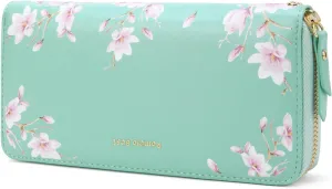 Pomelo Best Womens Wallet RFID Blocking Leather Multi Credit Card Large Capacity Zip Around Wallets Clutch Wristlet Travel Flower Long Purse for Women Mint green