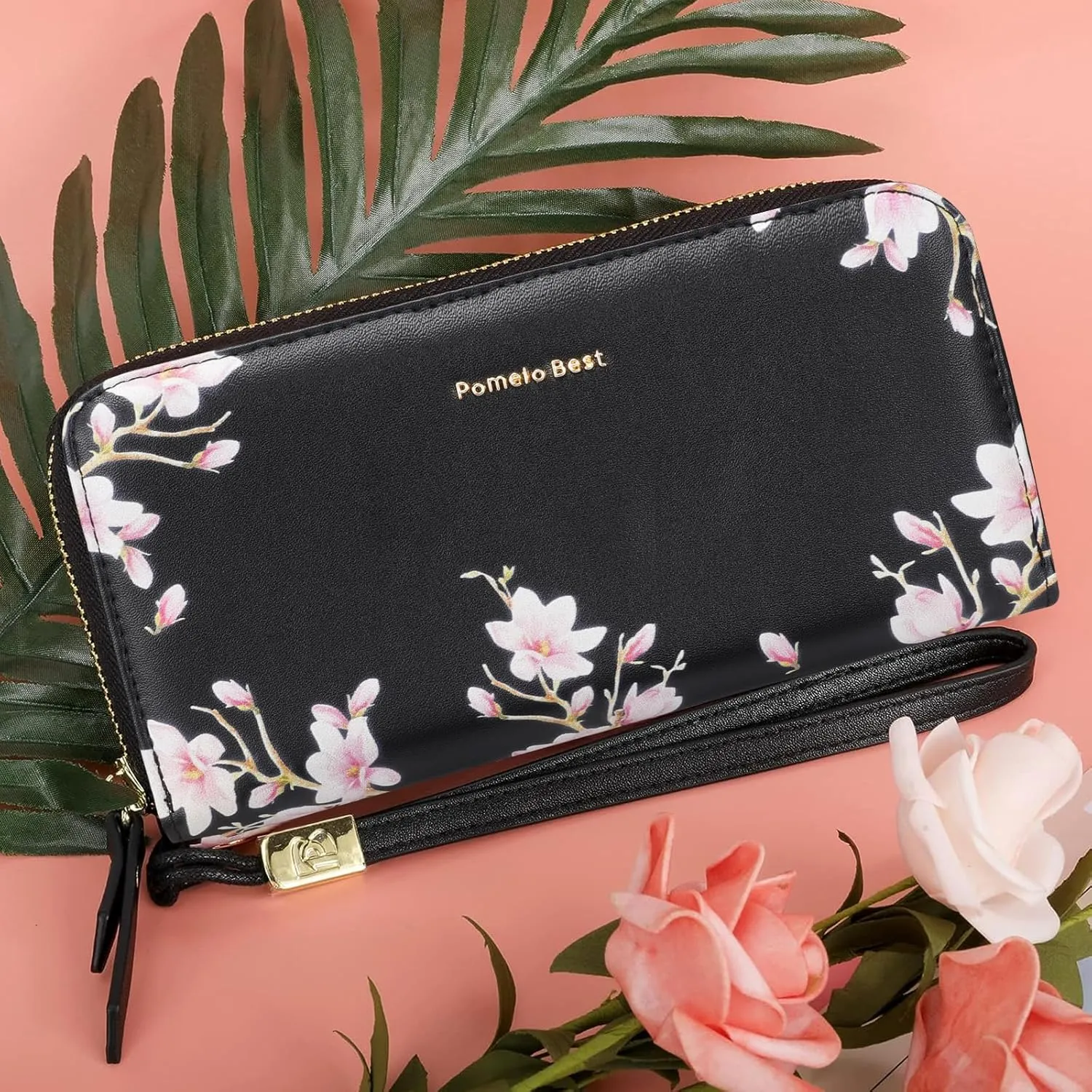 Pomelo Best Womens Wallet RFID Blocking Leather Multi Credit Card Large Capacity Zip Around Wallets Clutch Wristlet Travel Long Purse for Women Black
