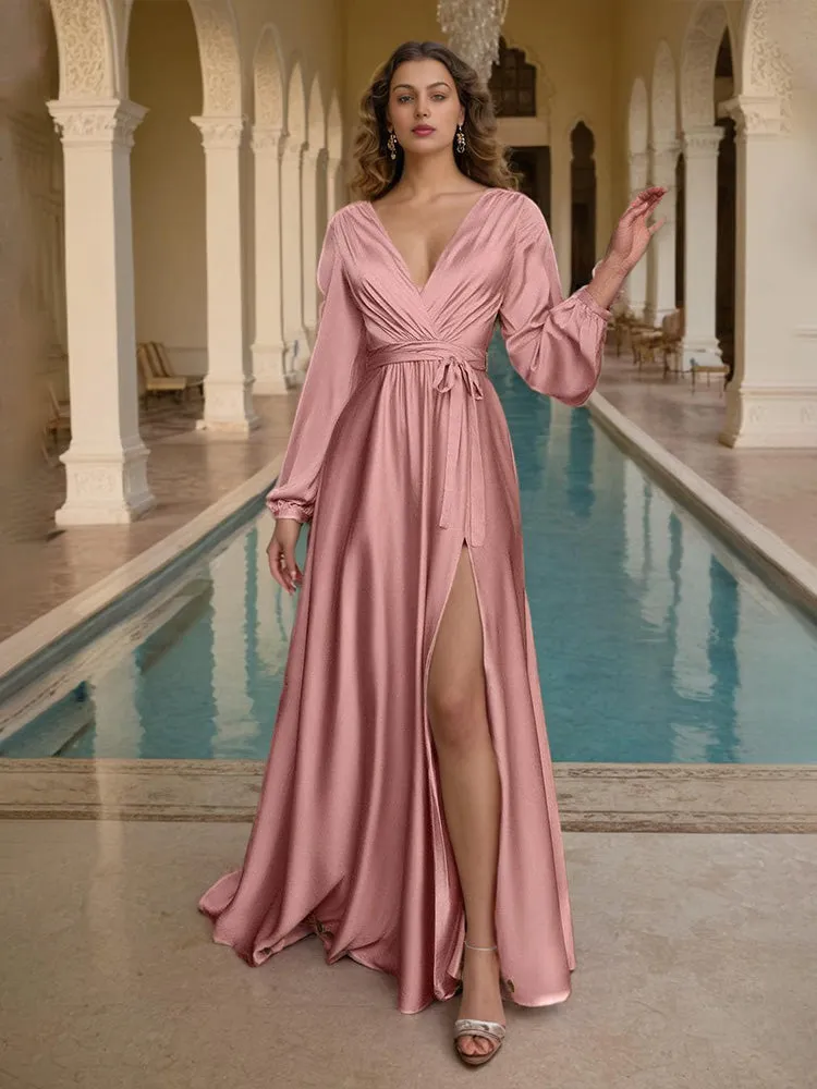 Pretty V-Neck Sleeves Soft Satin Split Prom Dresses