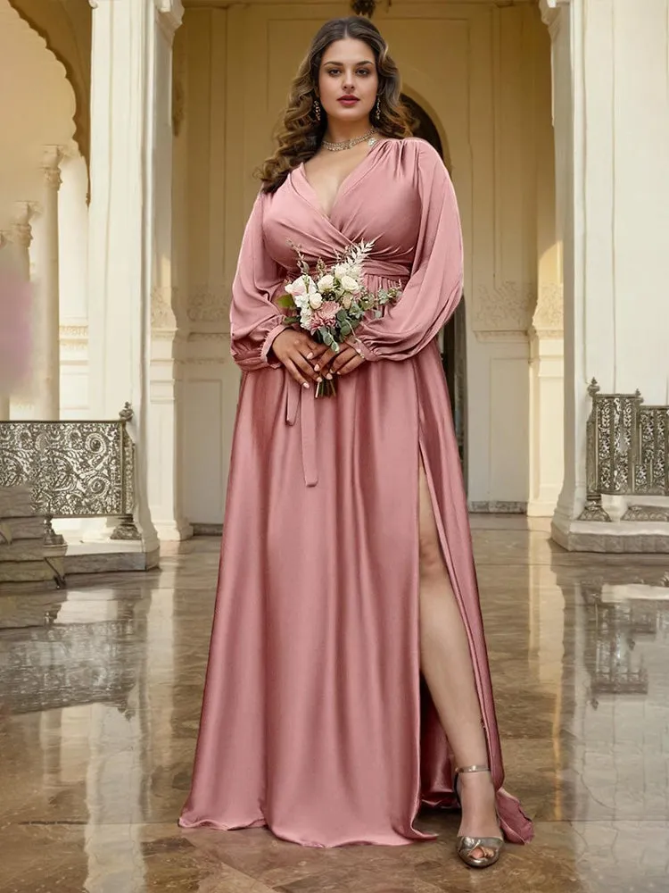 Pretty V-Neck Sleeves Soft Satin Split Prom Dresses