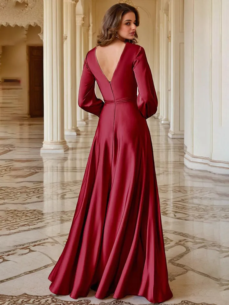 Pretty V-Neck Sleeves Soft Satin Split Prom Dresses