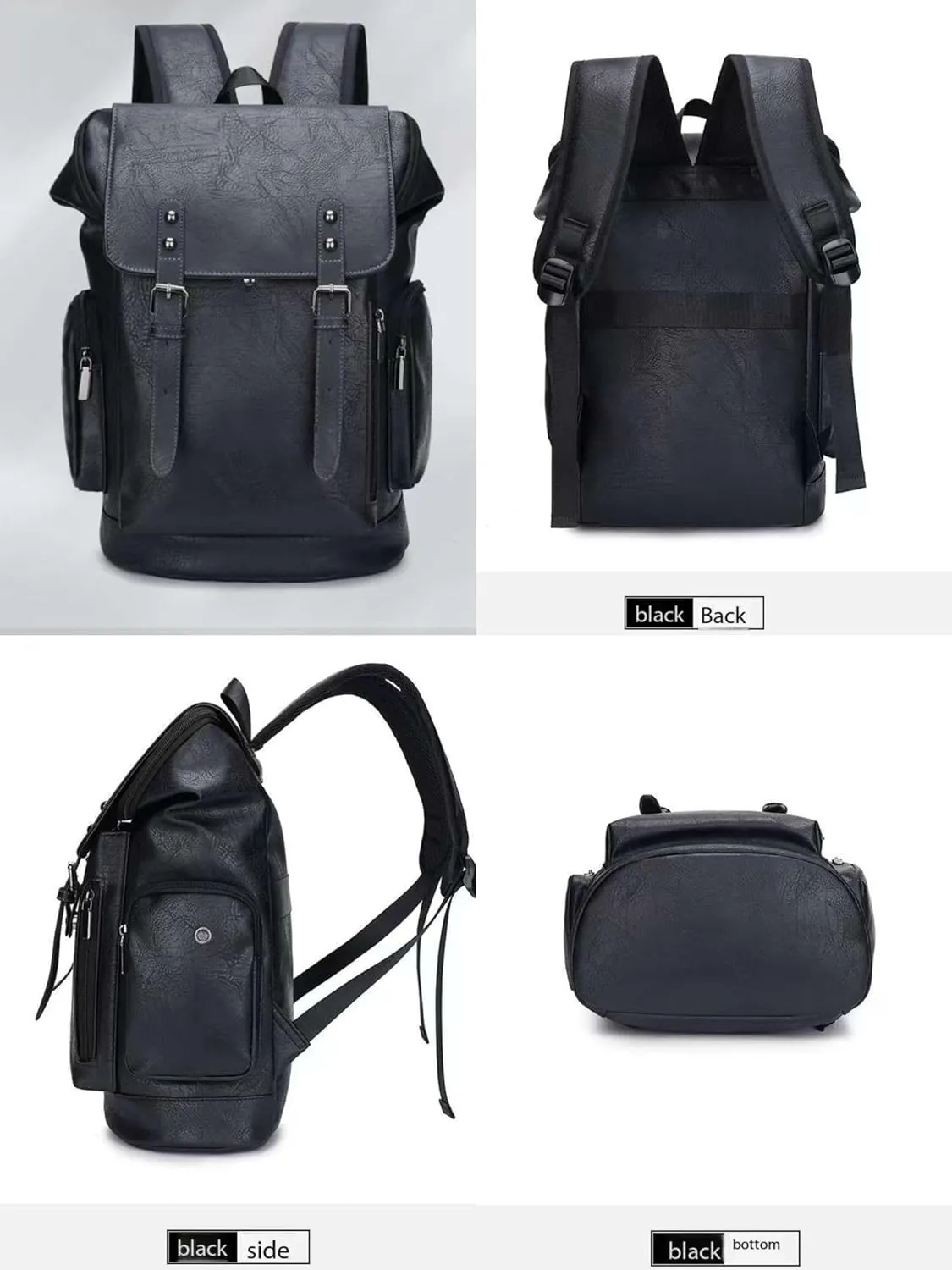 PU leather casual backpack 15.6 inches travel college work backpack business laptop backpack multi-pocket schoolbag (black3,Backpack)
