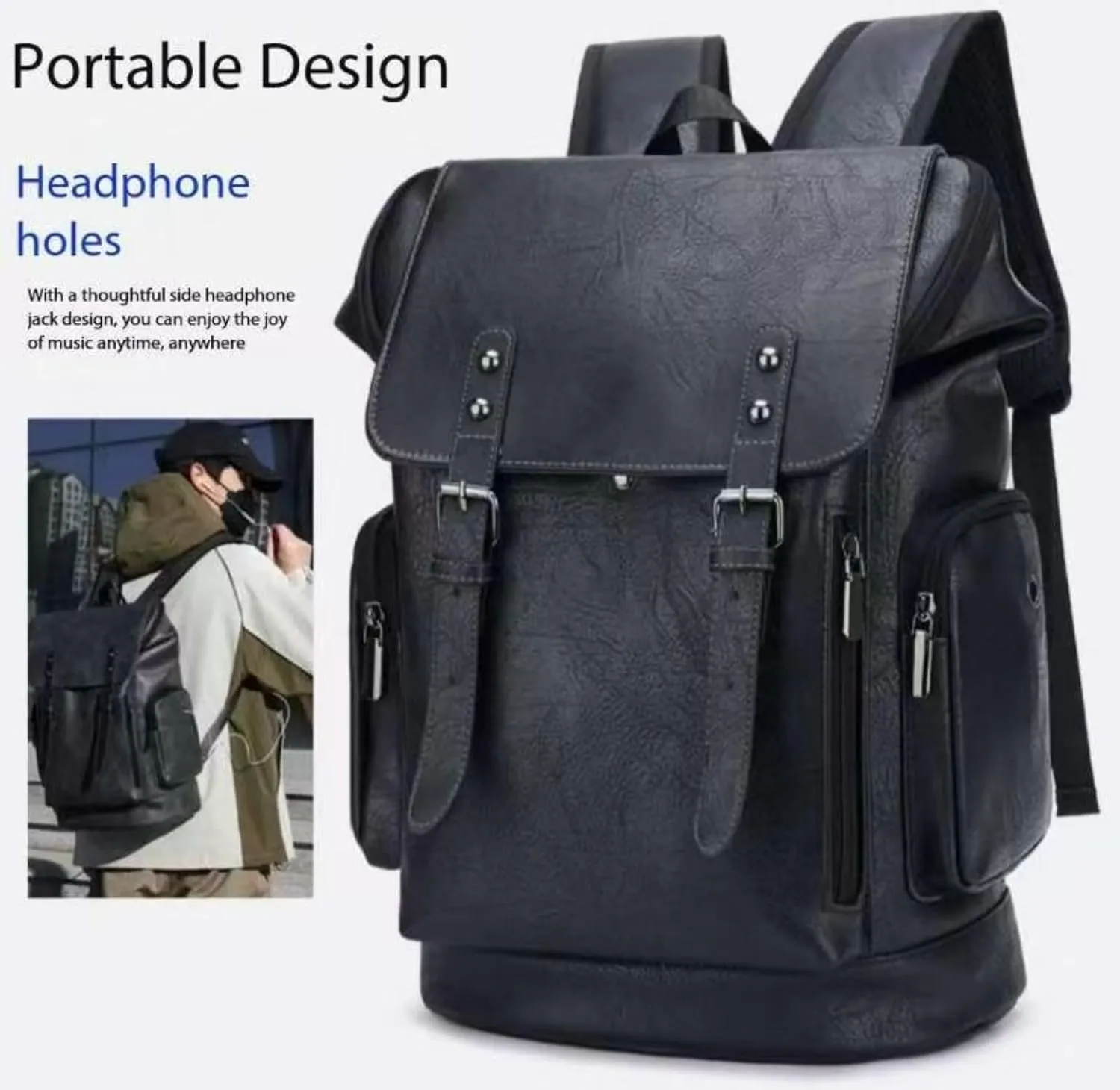 PU leather casual backpack 15.6 inches travel college work backpack business laptop backpack multi-pocket schoolbag (black3,Backpack)