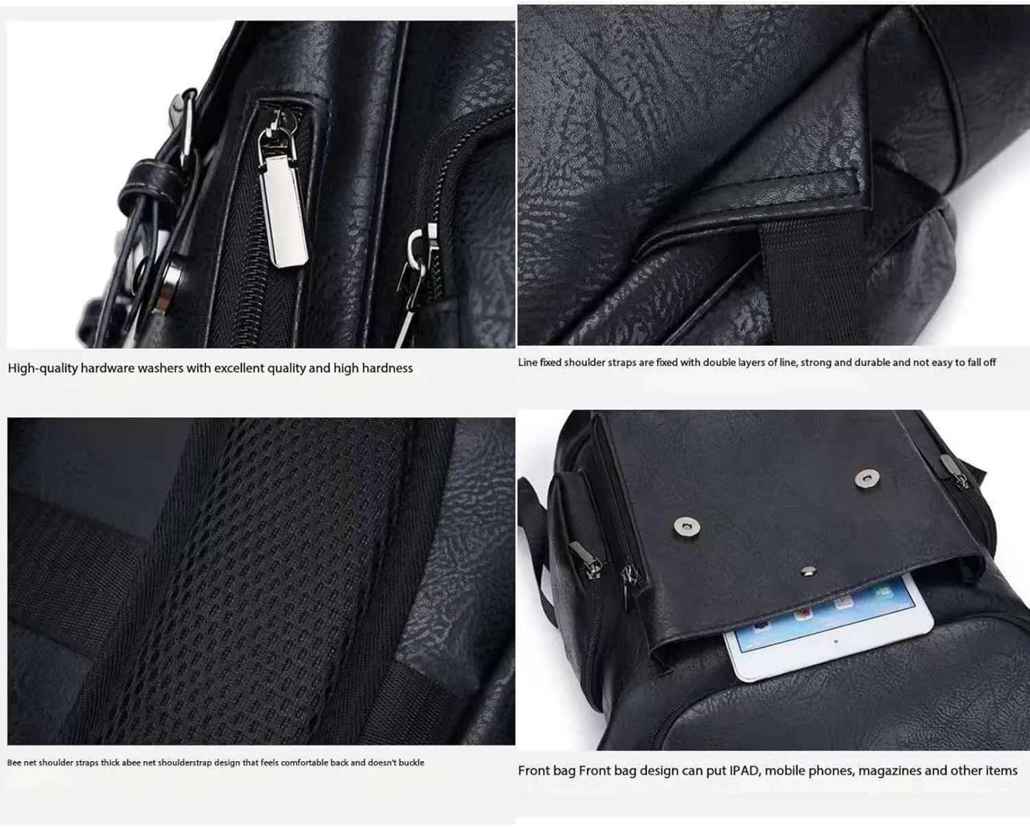 PU leather casual backpack 15.6 inches travel college work backpack business laptop backpack multi-pocket schoolbag (black3,Backpack)