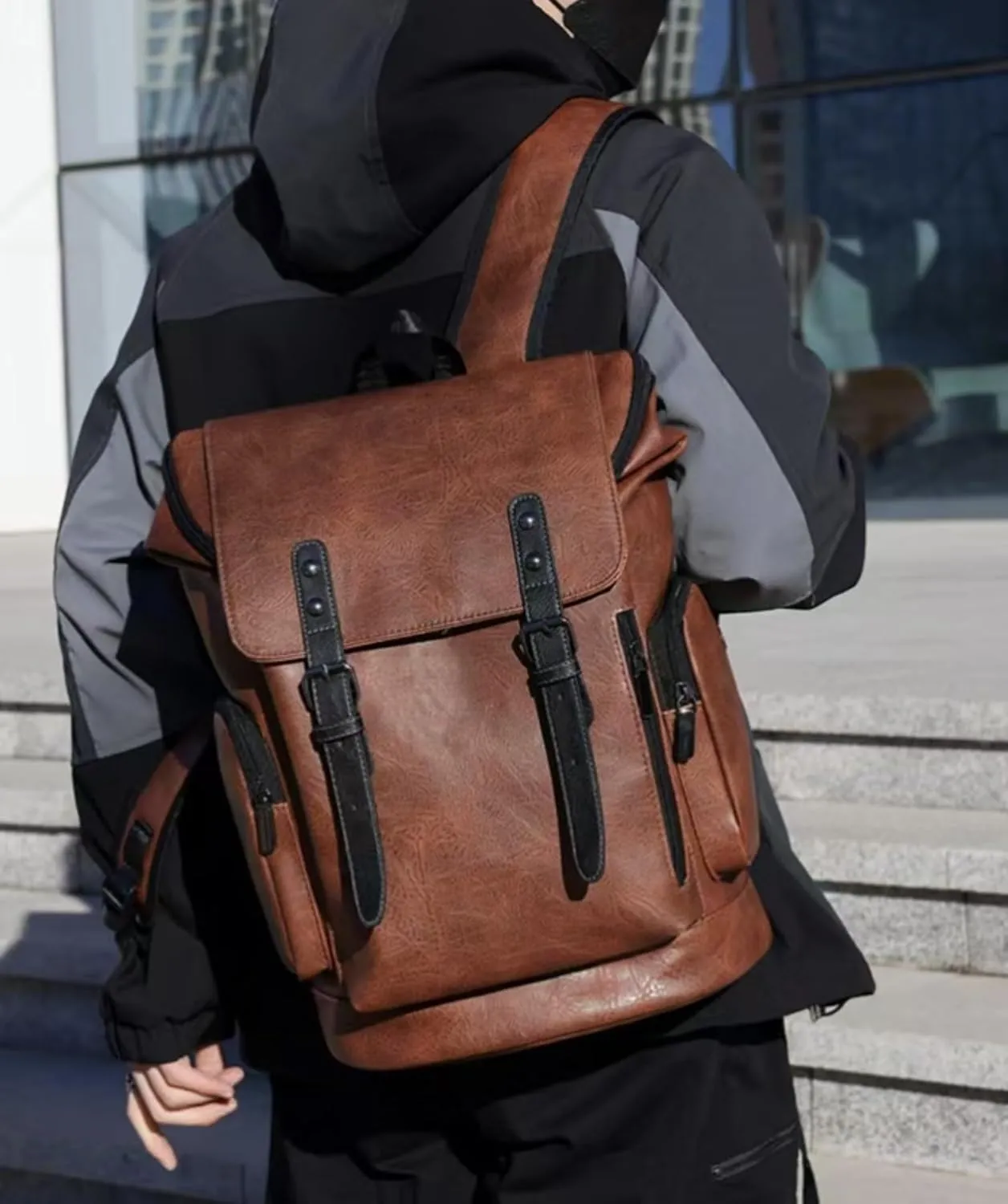 PU leather casual backpack 15.6 inches travel college work backpack business laptop backpack multi-pocket schoolbag (brown2,Backpack)