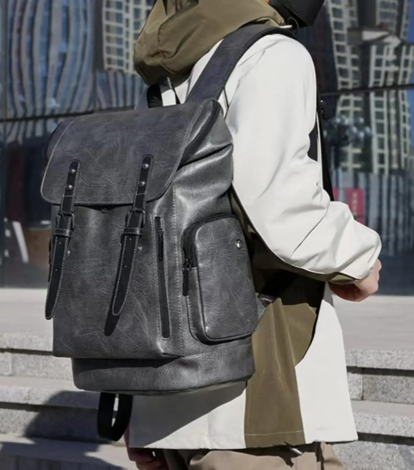 PU leather casual backpack 15.6 inches travel college work backpack business laptop backpack multi-pocket schoolbag (grey1,Backpack)