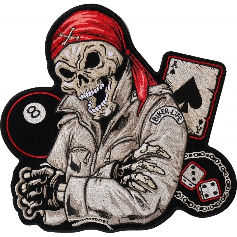 Red Bandana Skull 8 Ball Ace of Spades Embroidered Iron on Bik