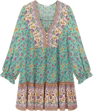 R.Vivimos Women's Summer Cotton Long Sleeves Casual Boho V-Neck Buttons Floral Print Mini Tunic Dress