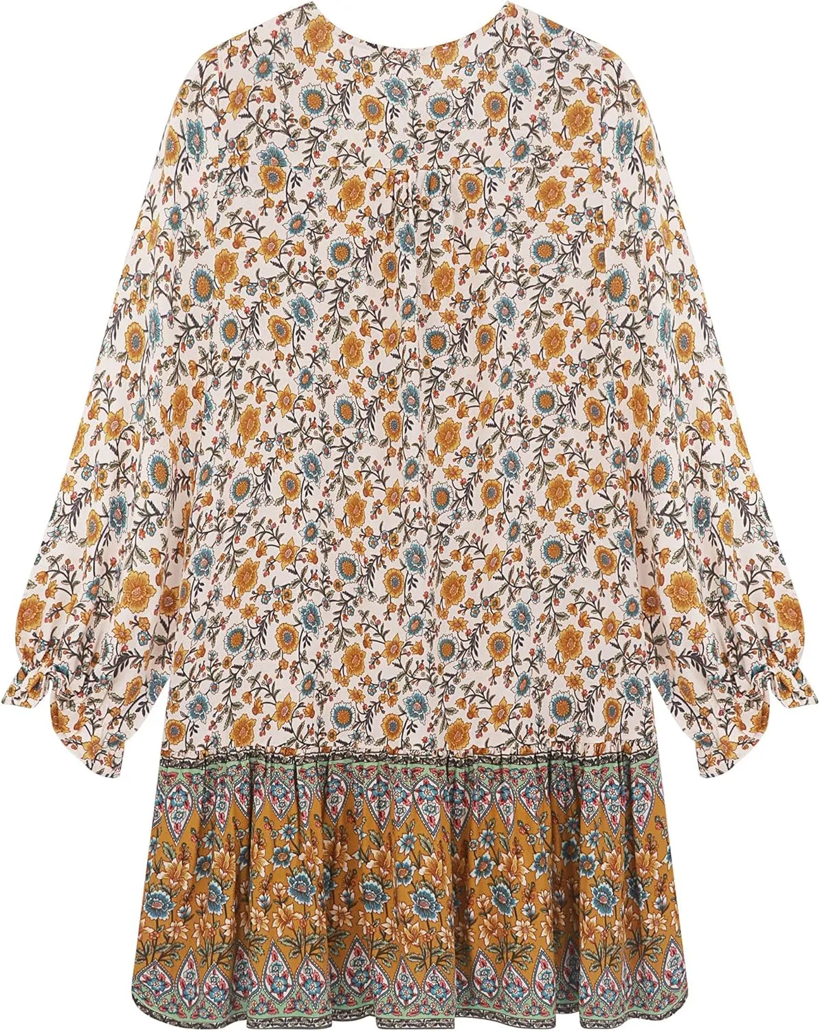 R.Vivimos Women's Summer Cotton Long Sleeves Casual Boho V-Neck Buttons Floral Print Mini Tunic Dress