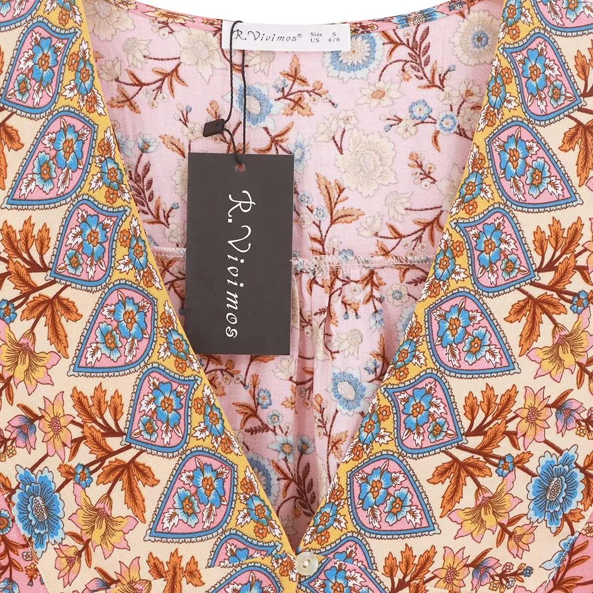 R.Vivimos Women's Summer Cotton Long Sleeves Casual Boho V-Neck Buttons Floral Print Mini Tunic Dress