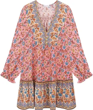 R.Vivimos Women's Summer Cotton Long Sleeves Casual Boho V-Neck Buttons Floral Print Mini Tunic Dress