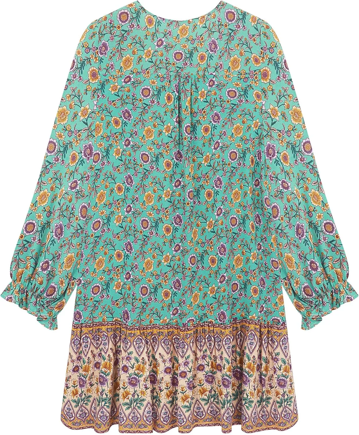 R.Vivimos Women's Summer Cotton Long Sleeves Casual Boho V-Neck Buttons Floral Print Mini Tunic Dress