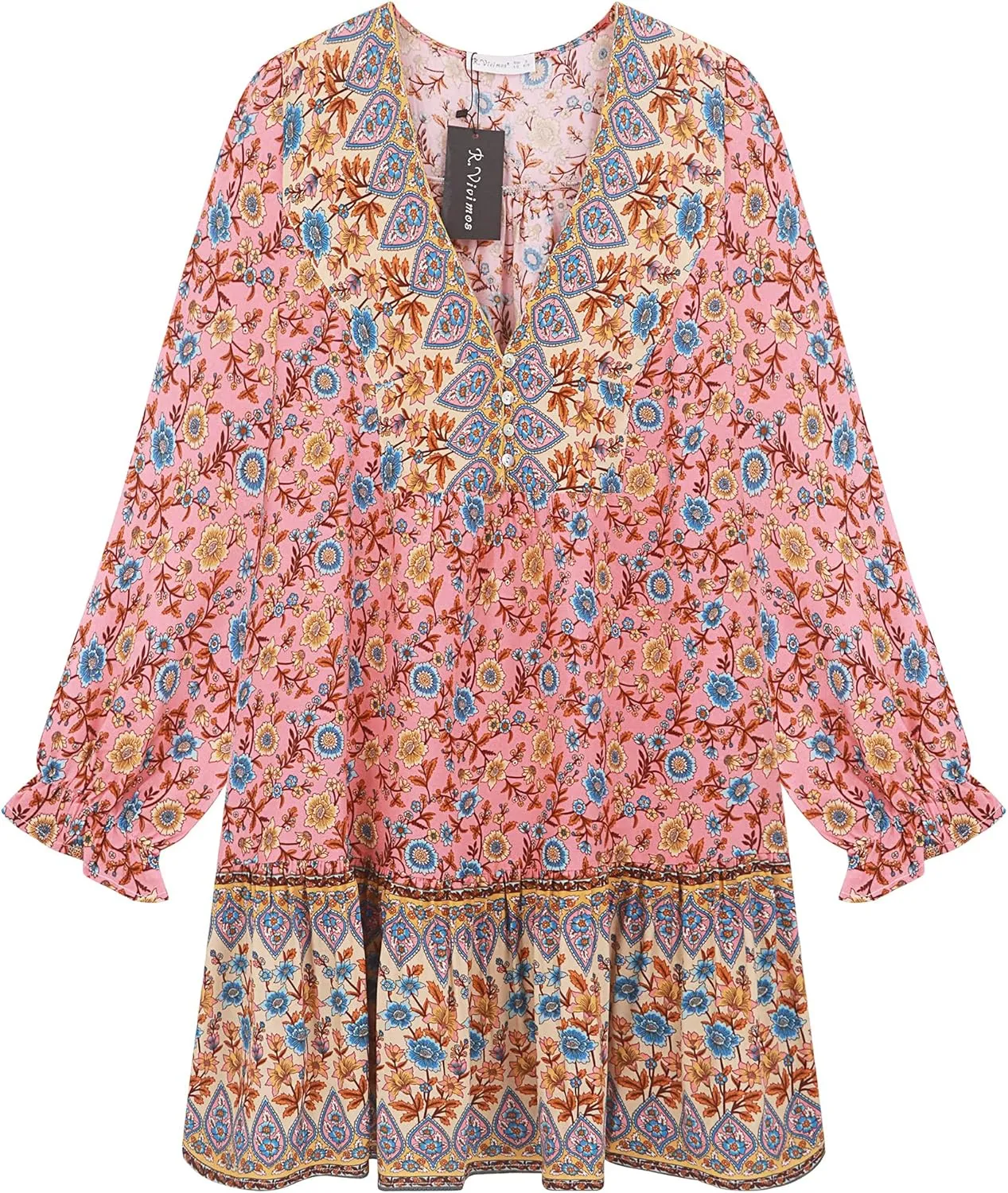 R.Vivimos Women's Summer Cotton Long Sleeves Casual Boho V-Neck Buttons Floral Print Mini Tunic Dress