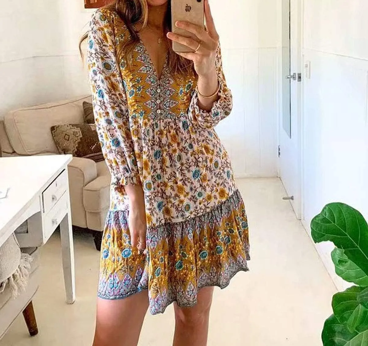 R.Vivimos Women's Summer Cotton Long Sleeves Casual Boho V-Neck Buttons Floral Print Mini Tunic Dress