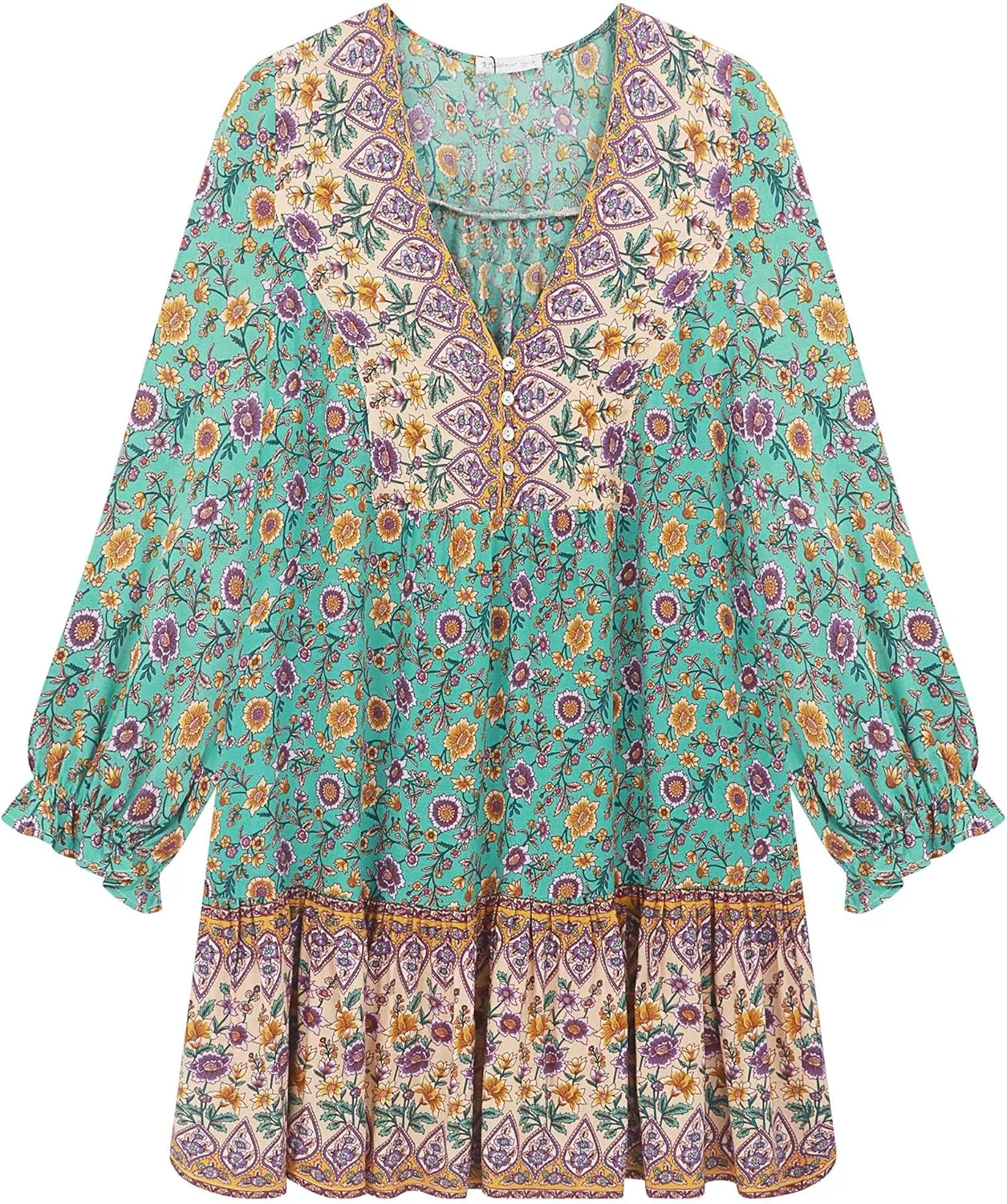 R.Vivimos Women's Summer Cotton Long Sleeves Casual Boho V-Neck Buttons Floral Print Mini Tunic Dress