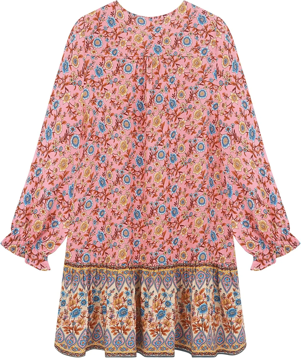 R.Vivimos Women's Summer Cotton Long Sleeves Casual Boho V-Neck Buttons Floral Print Mini Tunic Dress
