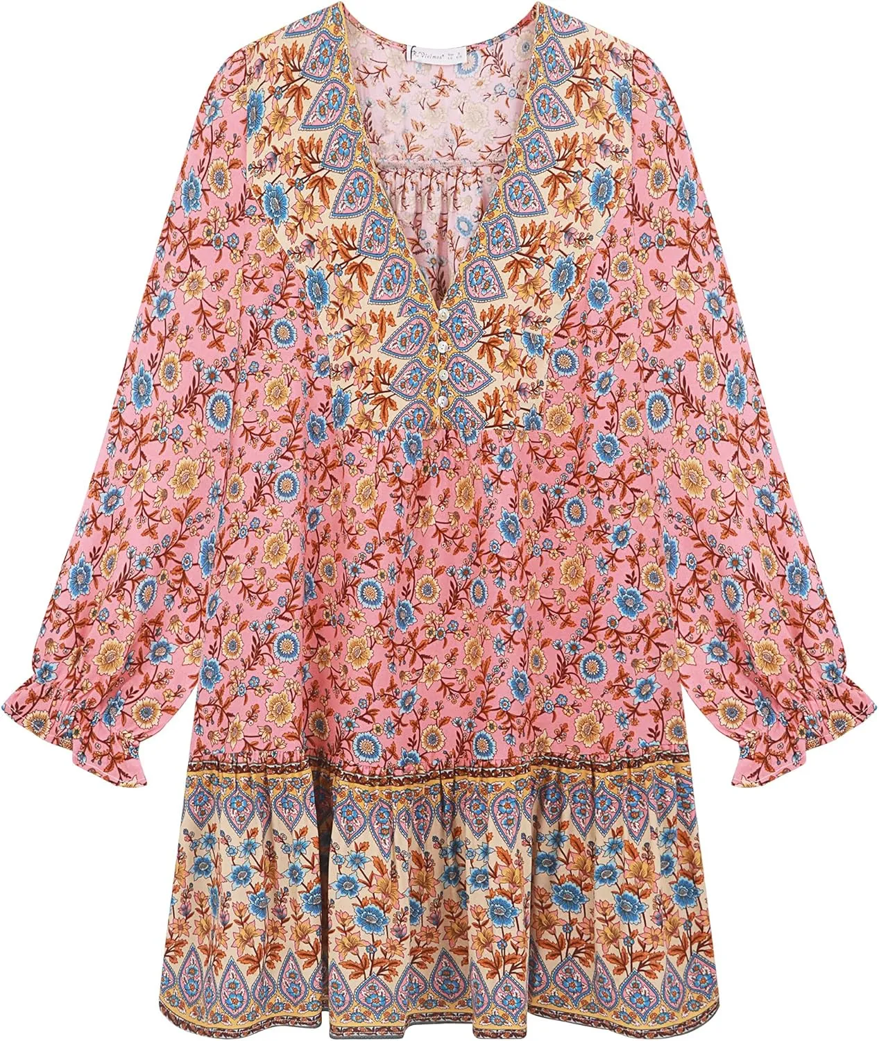 R.Vivimos Women's Summer Cotton Long Sleeves Casual Boho V-Neck Buttons Floral Print Mini Tunic Dress