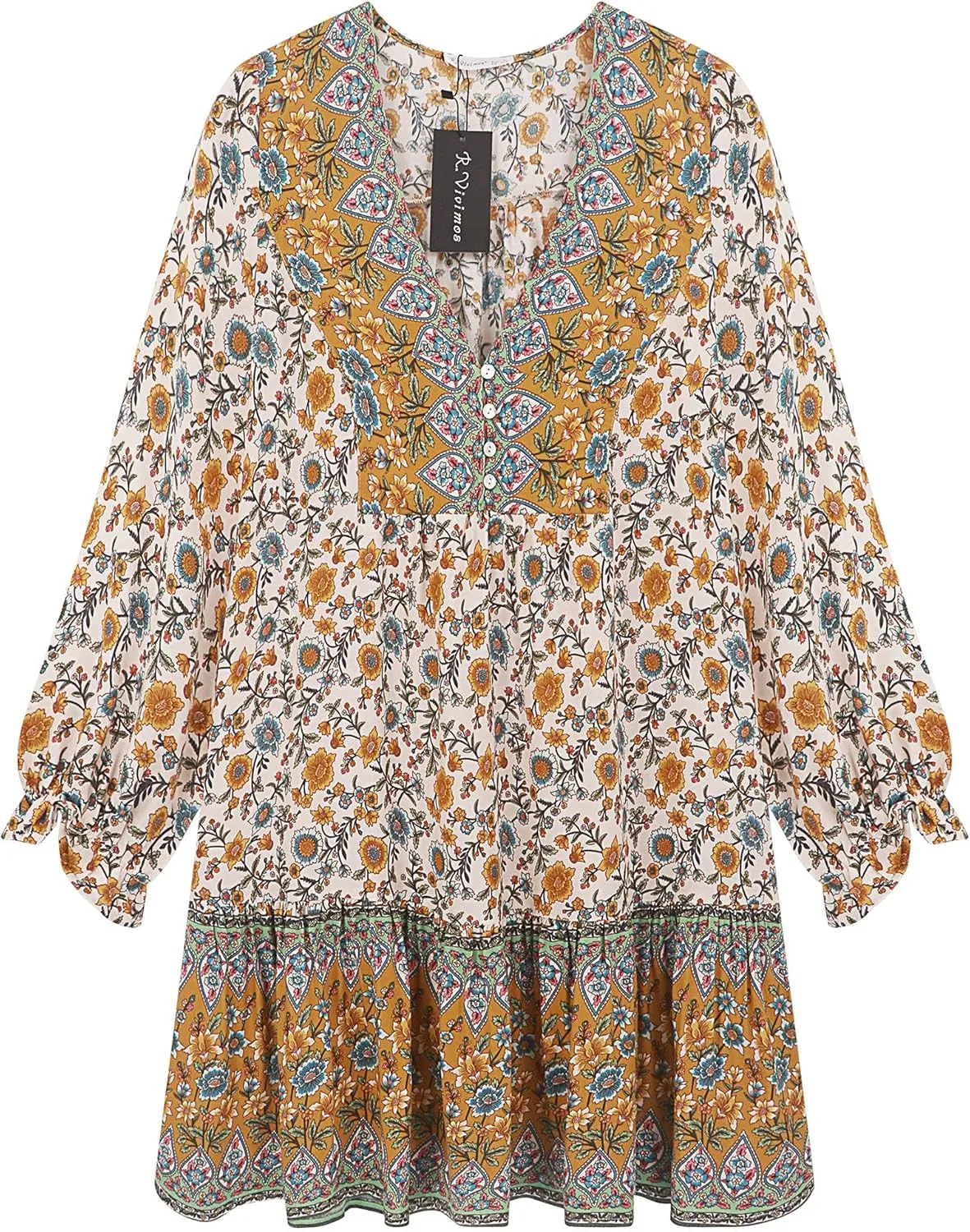 R.Vivimos Women's Summer Cotton Long Sleeves Casual Boho V-Neck Buttons Floral Print Mini Tunic Dress