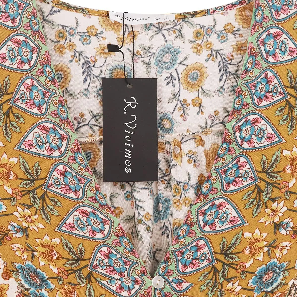 R.Vivimos Women's Summer Cotton Long Sleeves Casual Boho V-Neck Buttons Floral Print Mini Tunic Dress