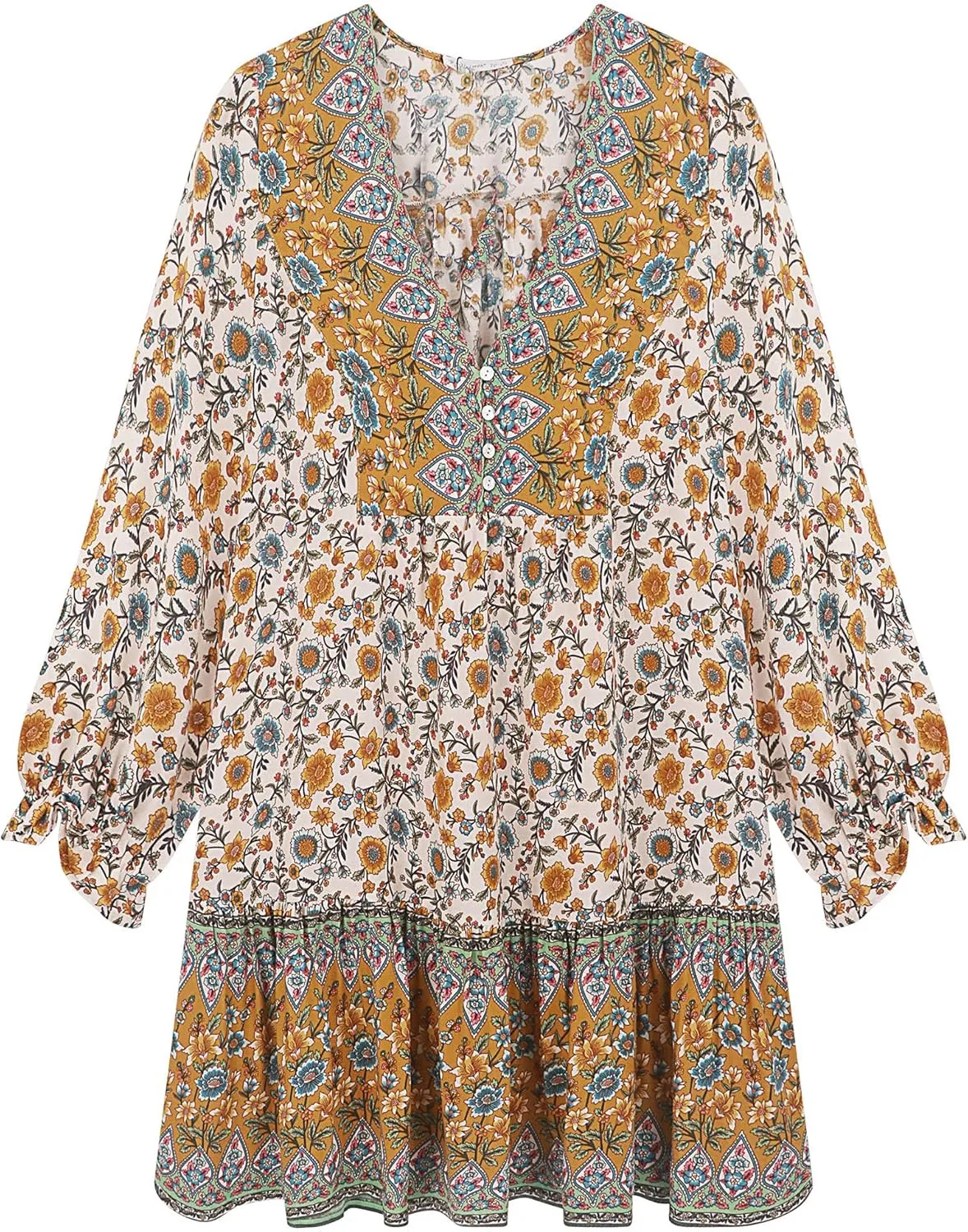 R.Vivimos Women's Summer Cotton Long Sleeves Casual Boho V-Neck Buttons Floral Print Mini Tunic Dress