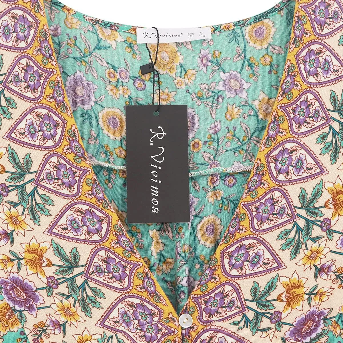 R.Vivimos Women's Summer Cotton Long Sleeves Casual Boho V-Neck Buttons Floral Print Mini Tunic Dress
