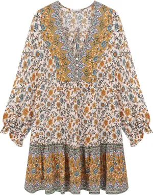 R.Vivimos Women's Summer Cotton Long Sleeves Casual Boho V-Neck Buttons Floral Print Mini Tunic Dress