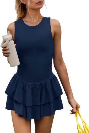SENSERISE Womens Tennis Dress with Built in Shorts Open Back Dress One Piece Workout Outfit Athletic Skorts with Pockets
