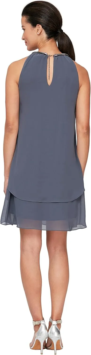 S.L. Fashions Women's Short Beaded Halter Neck Cocktail Gown, Wedding Guest, Party Dress, (Petite and Regular Sizes)