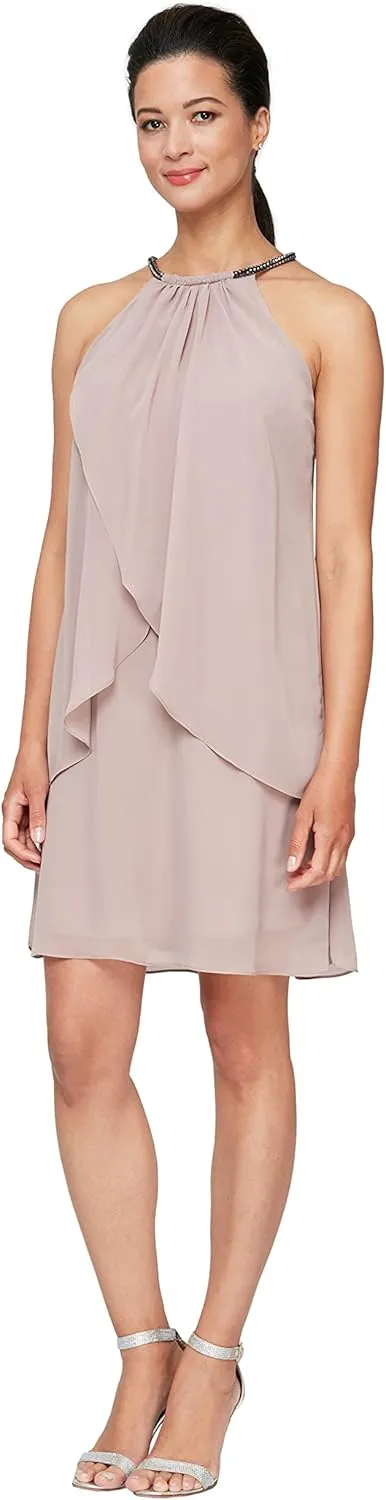 S.L. Fashions Women's Short Beaded Halter Neck Cocktail Gown, Wedding Guest, Party Dress, (Petite and Regular Sizes)