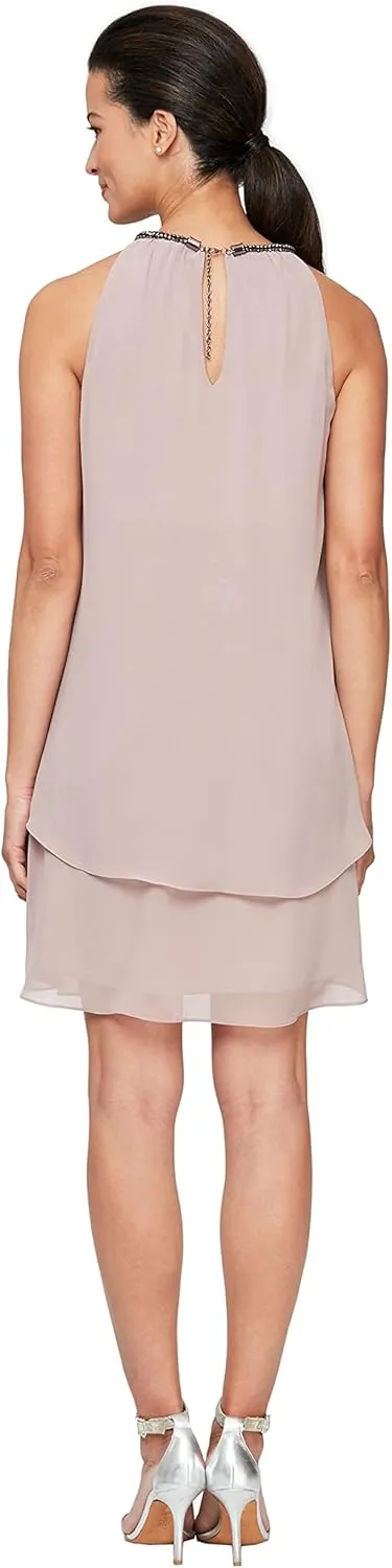 S.L. Fashions Women's Short Beaded Halter Neck Cocktail Gown, Wedding Guest, Party Dress, (Petite and Regular Sizes)