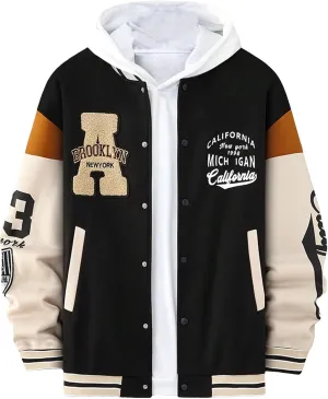 SOLY HUX Men's Letter Graphic Varsity Jacket Color Block Long Sleeve Baseball Jacket with Pockets