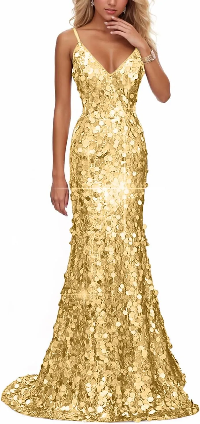 Sparkly Big Sequin Prom Dresses 2025 for Women Long Mermaid Formal Ball Gown Corset V Neck Cocktail Dress with Slit RDX-P1009