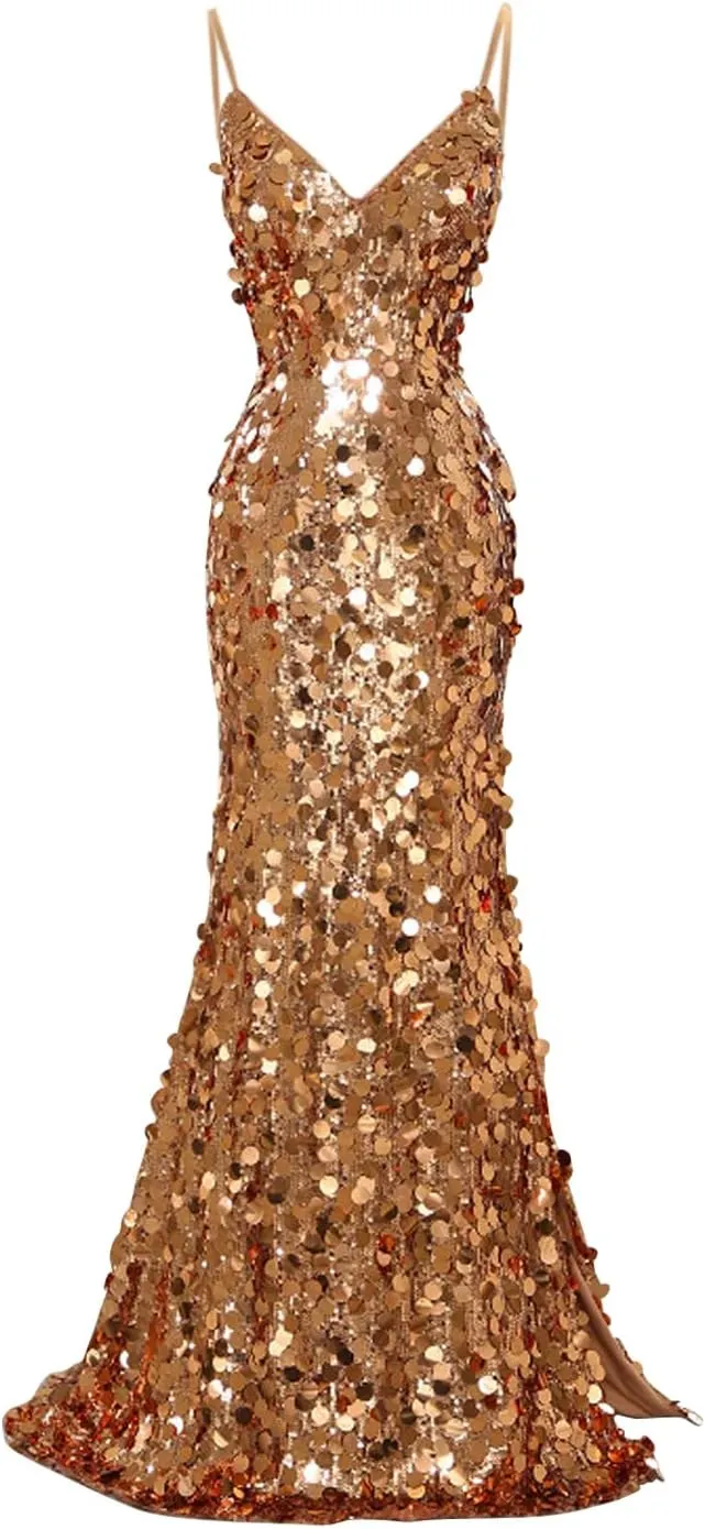 Sparkly Big Sequin Prom Dresses 2025 for Women Long Mermaid Formal Ball Gown Corset V Neck Cocktail Dress with Slit RDX-P1009