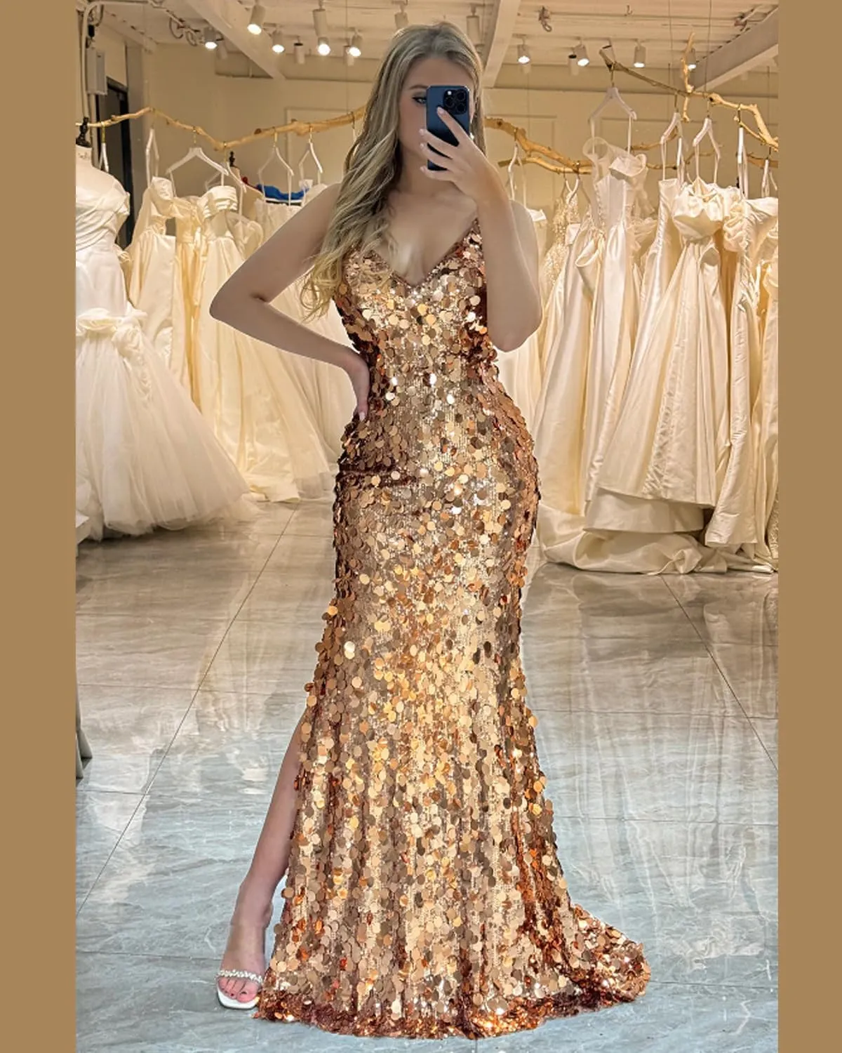 Sparkly Big Sequin Prom Dresses 2025 for Women Long Mermaid Formal Ball Gown Corset V Neck Cocktail Dress with Slit RDX-P1009