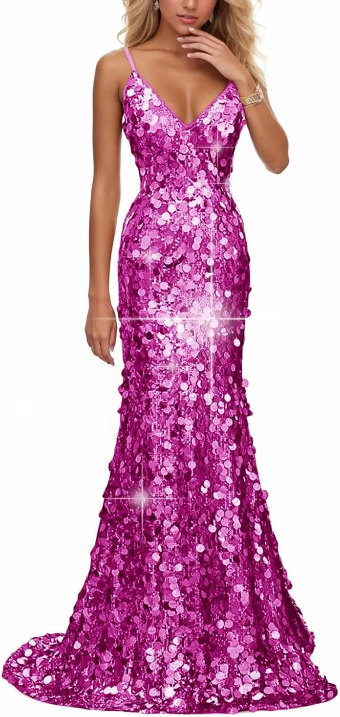 Sparkly Big Sequin Prom Dresses 2025 for Women Long Mermaid Formal Ball Gown Corset V Neck Cocktail Dress with Slit RDX-P1009