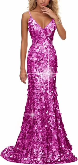 Sparkly Big Sequin Prom Dresses 2025 for Women Long Mermaid Formal Ball Gown Corset V Neck Cocktail Dress with Slit RDX-P1009