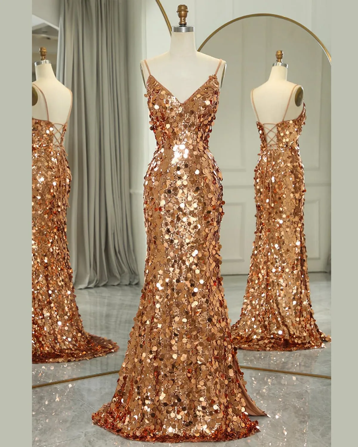 Sparkly Big Sequin Prom Dresses 2025 for Women Long Mermaid Formal Ball Gown Corset V Neck Cocktail Dress with Slit RDX-P1009