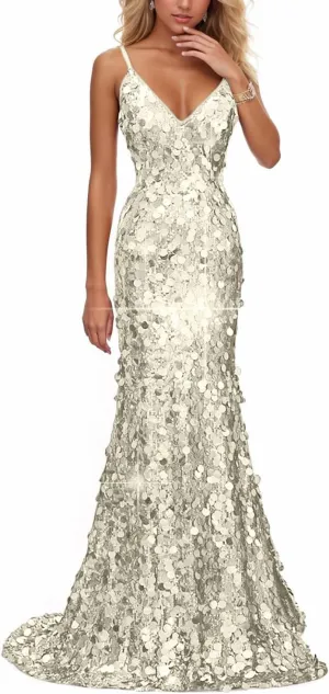 Sparkly Big Sequin Prom Dresses 2025 for Women Long Mermaid Formal Ball Gown Corset V Neck Cocktail Dress with Slit RDX-P1009