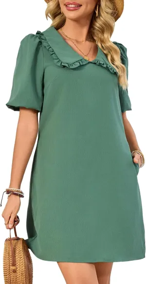 Summer Dresses for Women Casual Short Sleeve Lapel Doll Collar Mini Sundress with Pockets Graduation Party 2025