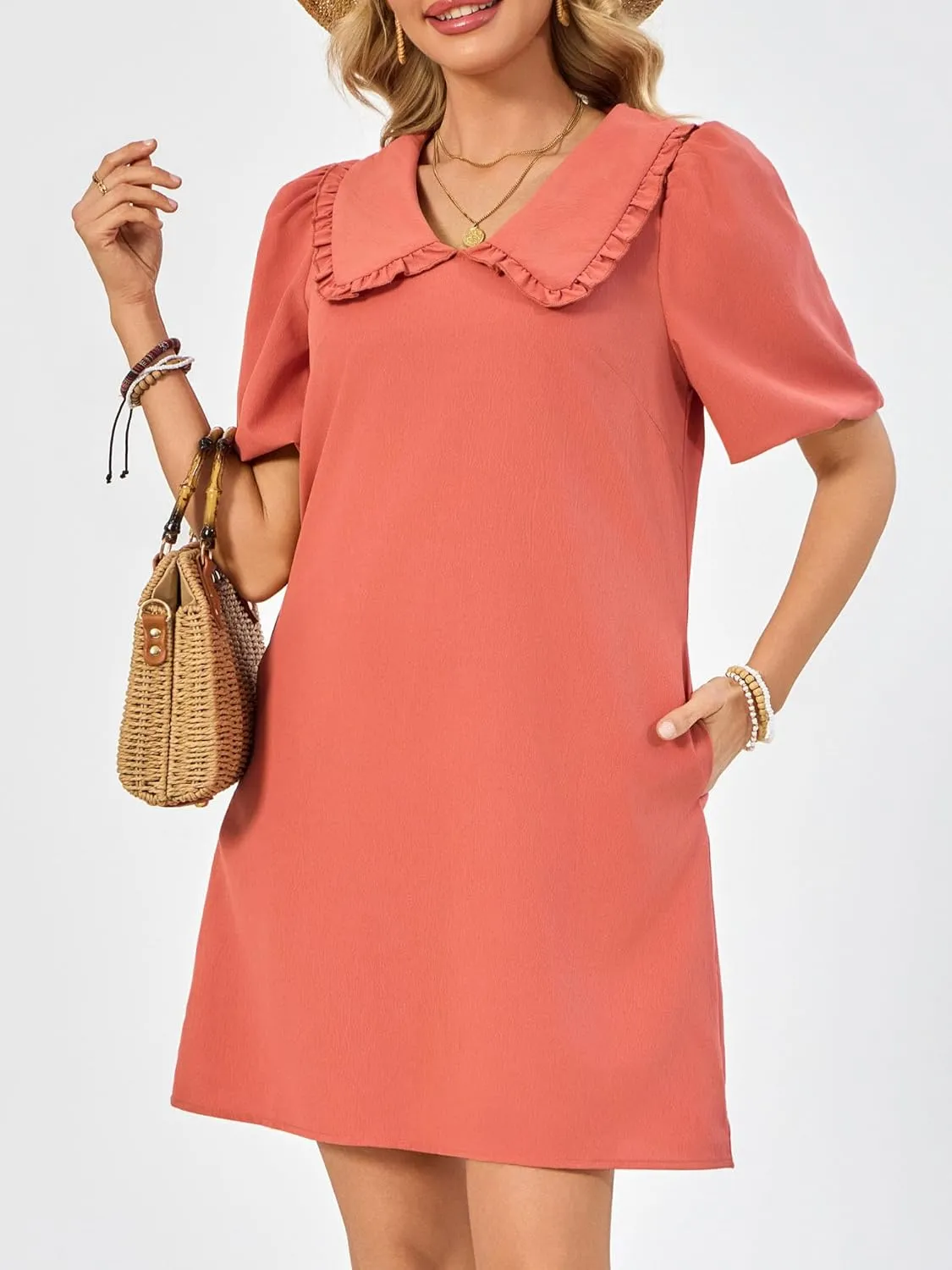 Summer Dresses for Women Casual Short Sleeve Lapel Doll Collar Mini Sundress with Pockets Graduation Party 2025