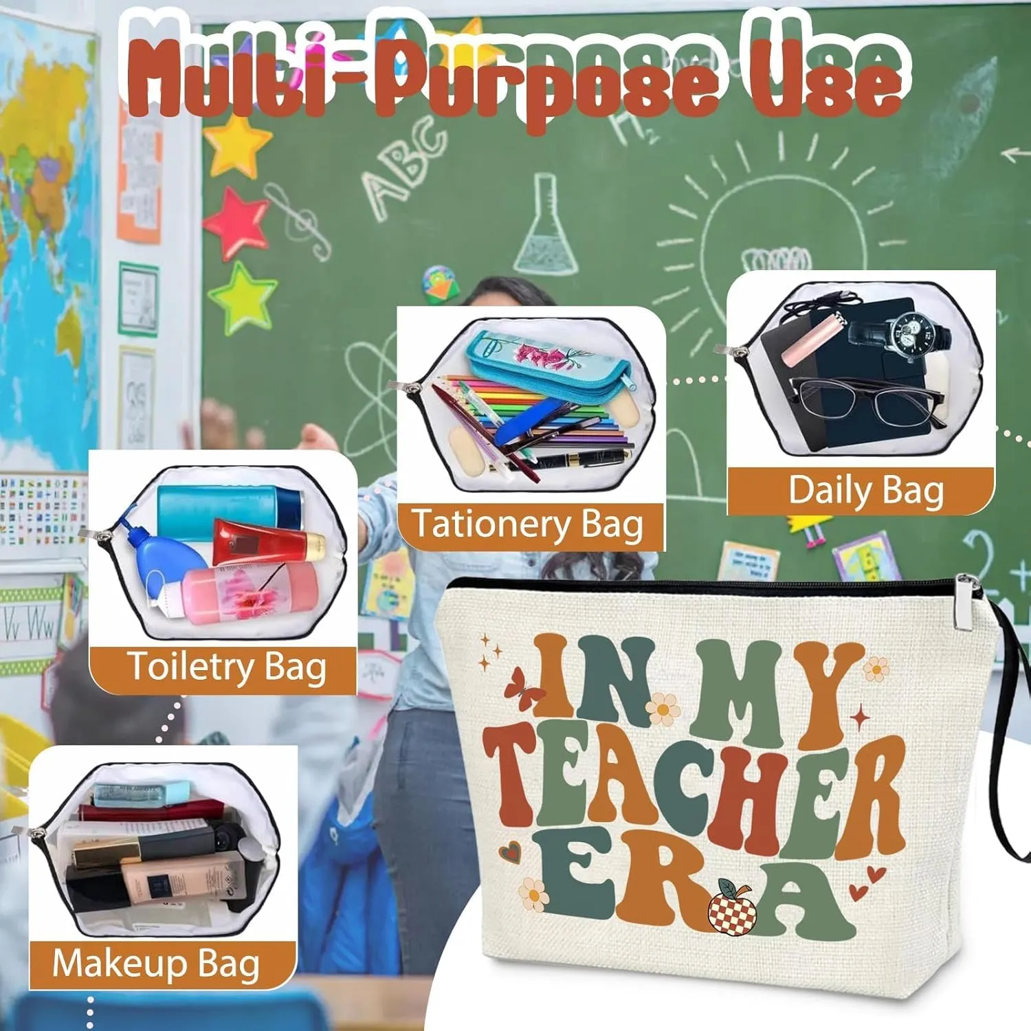 Teacher's Day Teacher Appreciation Gifts Makeup Bag IN MY TEACHER ERA Thank You Teacher Present Inspiration Travel Cosmetic Zipper Bag Birthday Gifts Thanksgiving Gifts New-teacher Gift
