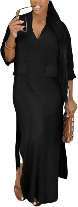 ThusFar Women Casual Batwing Half Sleeve Oversize T-Shirt Dress Spring Beach Basic V Neck Split Tunic Long Maxi Dresses