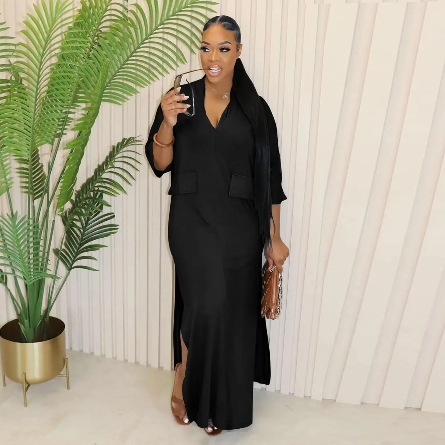ThusFar Women Casual Batwing Half Sleeve Oversize T-Shirt Dress Spring Beach Basic V Neck Split Tunic Long Maxi Dresses