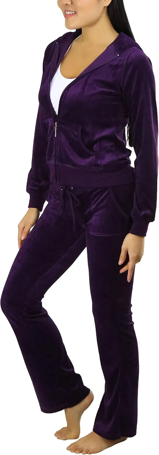 ToBeInStyle Women's Velour Tracksuit Zip-Up Hooded Jacket and Matching Pants