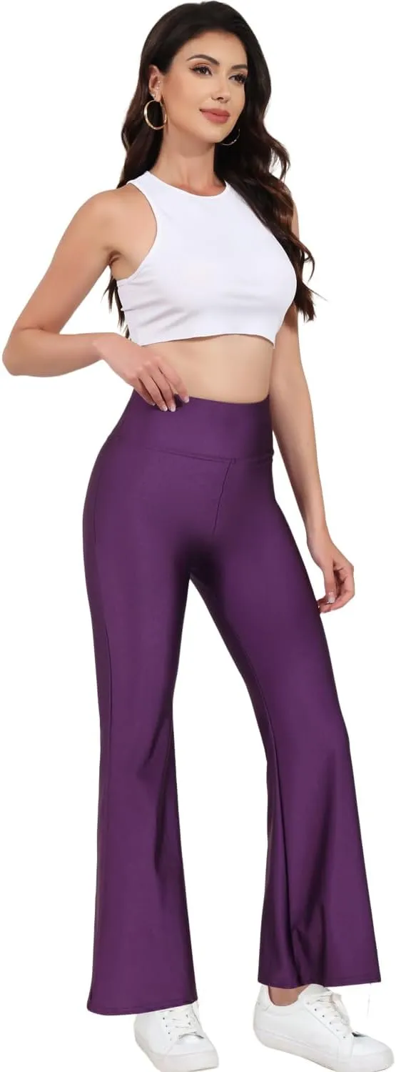 Tulucky Womens Stretchy Shiny Sports High Waisted Yoga Flare Pants Tummy Control Bell Bottom Leggings