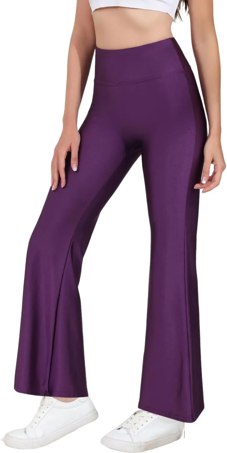 Tulucky Womens Stretchy Shiny Sports High Waisted Yoga Flare Pants Tummy Control Bell Bottom Leggings