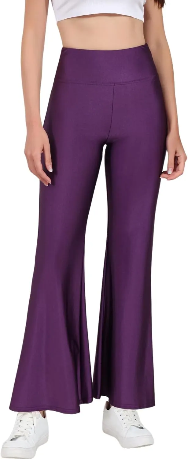 Tulucky Womens Stretchy Shiny Sports High Waisted Yoga Flare Pants Tummy Control Bell Bottom Leggings