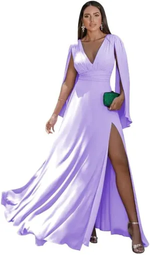V-Neck Bridesmaid Dresses with Side Slit Lilac Long Sleeve Prom Dress Pleated Chiffon Formal Evening Dresses AN175,16