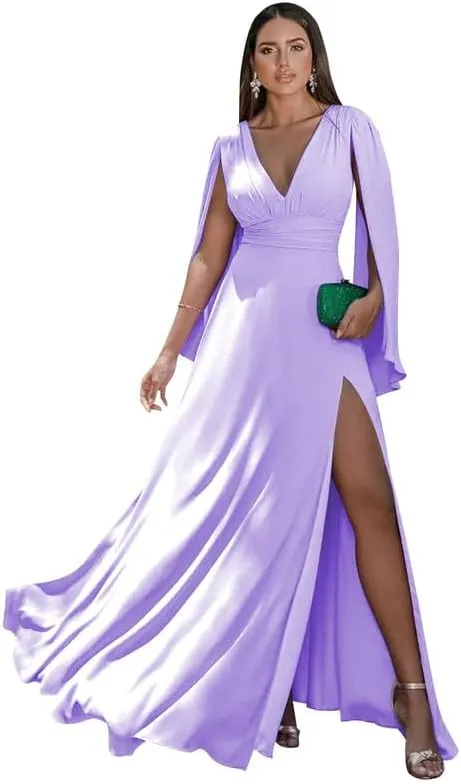 V-Neck Bridesmaid Dresses with Side Slit Lilac Long Sleeve Prom Dress Pleated Chiffon Formal Evening Dresses AN175,16